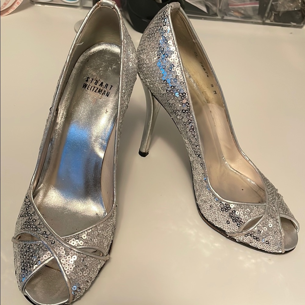 Stuart Weitzman Silver Glitter Stiletto Heels